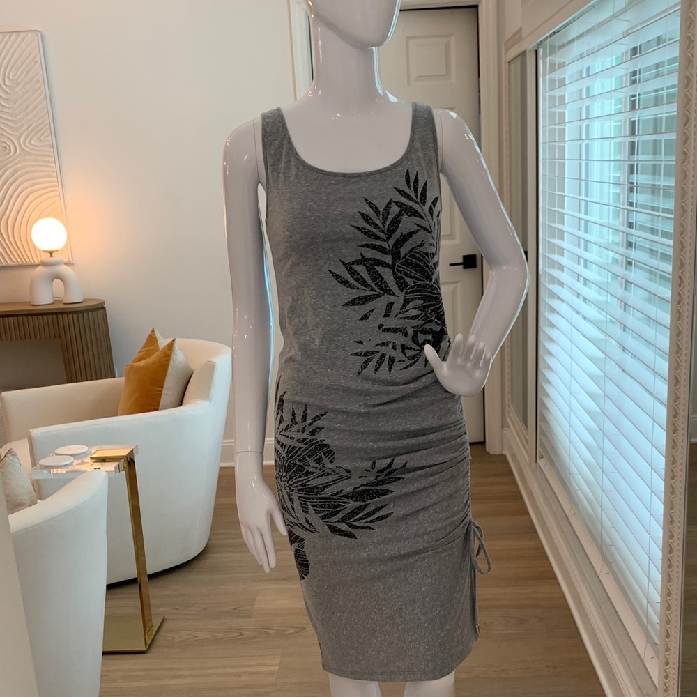 Skinnygirl Gray Tank Dress with Black Leaf Motif